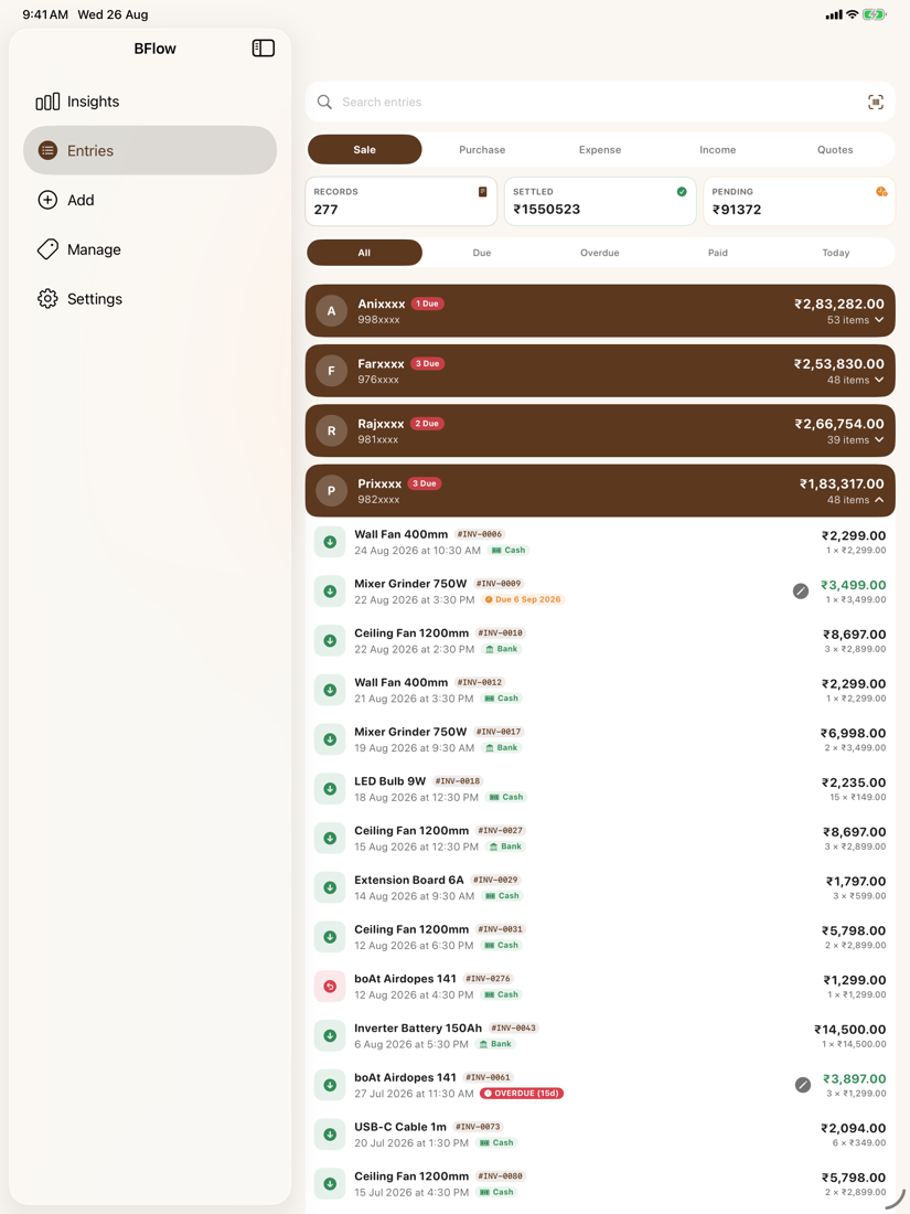 BFlow Pro on iPad showing the entries ledger with a sidebar