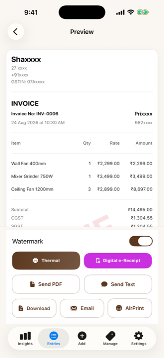 A branded GST invoice preview
